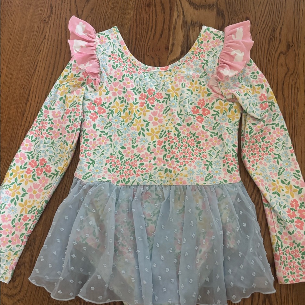 Floral Long Sleeve Leotard with Pink Ruffles